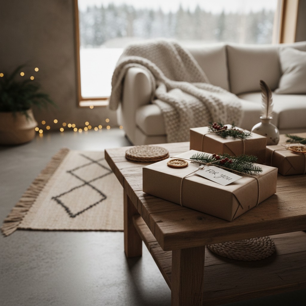 Wrapped Christmas gifts decorated with pine sprigs and dried orange slices sit on a wooden coffee table in a modern, cozy living room.