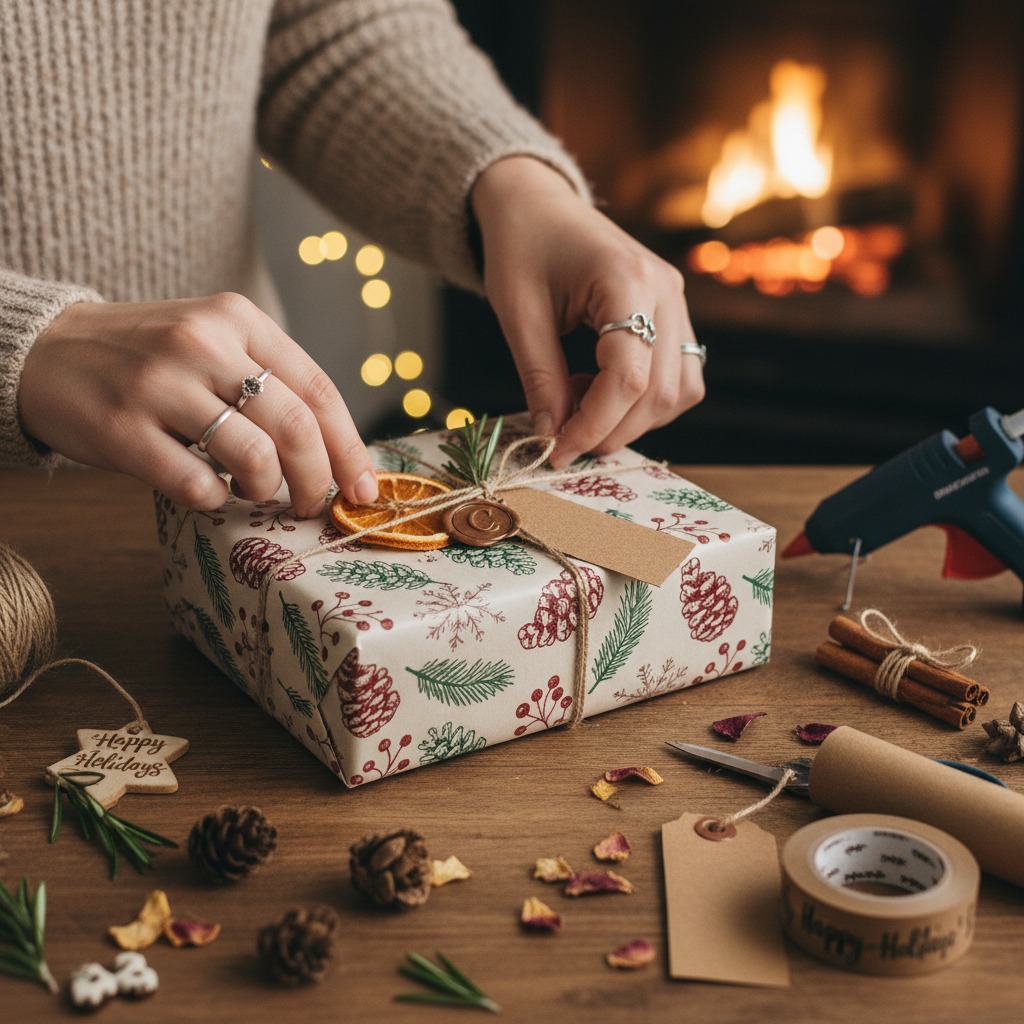 A person wearing a beige sweater wraps a gift box with string on a wooden table in front of a fireplace.